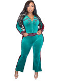 Women’s Fashion Embroidered Velvet Stand Collar Top with Color Block Patchwork Bell Bottom Pants Set
