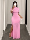 Women’s Elegant Mock Neck Short Sleeve Tassel Slit Slim Waist Long Party Dress
