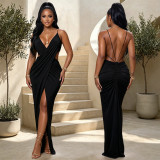 Women’s Sexy Strap V Neck Cross Cutout Slit Formal Party Bodycon Dress