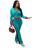 Women’s Fashion Embroidered Velvet Stand Collar Top with Color Block Patchwork Bell Bottom Pants Set