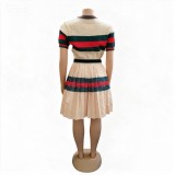 Summer Women’s Round Neck Color Block Stripe T-Shirt with Pleated Skirt Loose Set