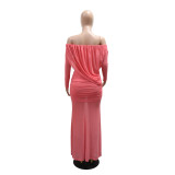 Women’s Fashion Solid Color Off Shoulder Ruched Long Sleeve Bodycon Maxi Dress