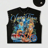 Women’s American Rivet Sleeveless Vest High Street Print and Streetwear Hip Hop Style