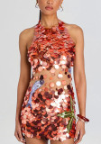 Women’s Halter Neck Sleeveless Sequin Embroidery See-Through Sexy Low Back Bodycon Mini Dress