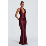 Women V‑Neck Ruched Halter Neck Formal Party Mermaid Evening Gown