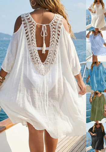 Women’s Plus Size Crocheted Patchwork Sexy Low Back Lace-Up Loose Beach Cover-Up Dress