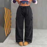 Women’s Loose Casual Multi-Pocket Straight Leg Drawstring Black Cargo Denim Wide Leg Pants