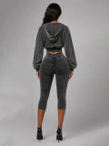 Women’s Fashion Washed Hooded Ribbed Top with Cropped Pants Set