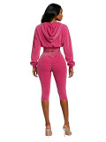 Women’s Fashion Washed Hooded Ribbed Top with Cropped Pants Set