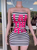 Women’s Strapless Black and White Striped Letter Print Bodycon Tight Fitting Dress