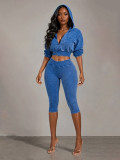 Women’s Fashion Washed Hooded Ribbed Top with Cropped Pants Set