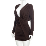 Fall Winter Women’s Casual Solid Color Deep V Neck Long Sleeve Ruched Slim Fit Mini Dress