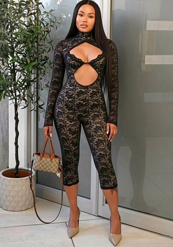 Women’s Mock Neck Lace See-Through Long Sleeve Cropped Jumpsuit