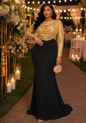 Women’s Sequin Long Sleeve Round Neck Ruched Evening Dress