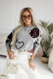 Women Autumn Winter Long Sleeve Jacquard Heart‑Print Round‑Neck Knit Sweater