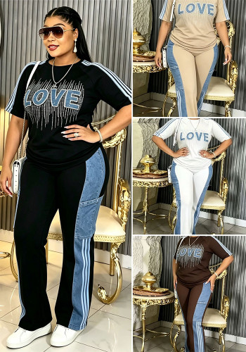 Women’s Plus Size Beaded Love Short Sleeve Color Block Striped Patchwork Denim Casual Pants Set