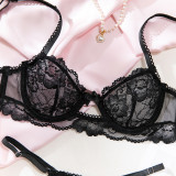 Women’s Black Lace Lingerie Set with See-Through Push-Up Bra and Adjustable Thong