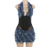 Fall Women’s Fashion Sexy Halter Neck Low Back See-Through Mesh Patchwork Bodycon Dress
