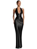 Women V‑Neck Ruched Halter Neck Formal Party Mermaid Evening Gown