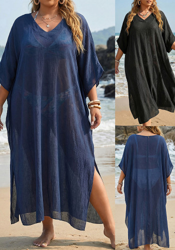 Summer Women’s Plus Size V Neck Loose Casual Slit Beach Cover-Up Maxi Dress