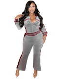 Women’s Fashion Embroidered Velvet Stand Collar Top with Color Block Patchwork Bell Bottom Pants Set
