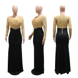 Women’s Sequin Long Sleeve Round Neck Ruched Evening Dress