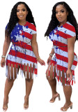 Women’s American Style Flag Print Short Sleeve Top and Tassel Shorts Set