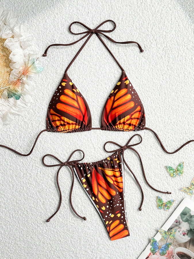 Butterfly Print Lace-Up Two-Piece Bikini Swimsuit