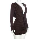 Fall Winter Women’s Casual Solid Color Deep V Neck Long Sleeve Ruched Slim Fit Mini Dress