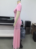 Women’s Elegant Mock Neck Short Sleeve Tassel Slit Slim Waist Long Party Dress