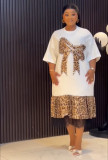 Summer Women’s Round Neck Hooded Color Block Lace Leopard Print Bow Embroidery Rhinestone Dress