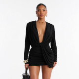 Fall Winter Women’s Casual Solid Color Deep V Neck Long Sleeve Ruched Slim Fit Mini Dress