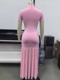 Women’s Elegant Mock Neck Short Sleeve Tassel Slit Slim Waist Long Party Dress
