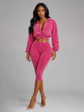 Women’s Fashion Washed Hooded Ribbed Top with Cropped Pants Set