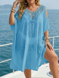 Women’s Plus Size Crocheted Patchwork Sexy Low Back Lace-Up Loose Beach Cover-Up Dress