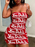 Women’s Strapless Black and White Striped Letter Print Bodycon Tight Fitting Dress