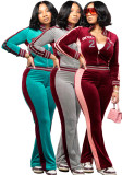 Women’s Fashion Embroidered Velvet Stand Collar Top with Color Block Patchwork Bell Bottom Pants Set