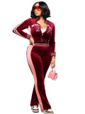 Women’s Fashion Embroidered Velvet Stand Collar Top with Color Block Patchwork Bell Bottom Pants Set