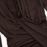 Fall Winter Women’s Casual Solid Color Deep V Neck Long Sleeve Ruched Slim Fit Mini Dress
