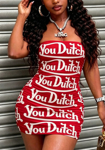 Women’s Strapless Black and White Striped Letter Print Bodycon Tight Fitting Dress
