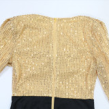 Women’s Sequin Long Sleeve Round Neck Ruched Evening Dress