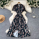 Women Summer V‑Neck French‑Style Printed Short Sleeve Maxi Dress
