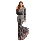 Women’s Elegant Long Sleeve V Neck Formal Party Sequin Bodycon Evening Dress