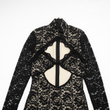 Women’s Mock Neck Lace See-Through Long Sleeve Cropped Jumpsuit