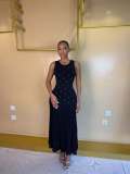 Women French Sleeveless Beaded Knit Summer Maxi Dress