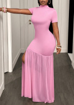Women’s Elegant Mock Neck Short Sleeve Tassel Slit Slim Waist Long Party Dress Women’s Elegant Mock Neck Short Sleeve Tassel Slit Slim Waist Long Party Dress