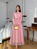 Women French V‑Neck Lace Embroidery Long Sleeve Summer Maxi Dress