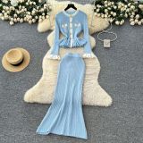 Women Autumn French Style Metal Button Long Sleeve Top and Ruffle Knit Skirt Two‑Piece Set