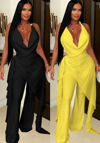 Women’s Chic Halter Neck Cowl Neck Irregular Tassel Top with Wide Leg Pants Set
