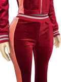 Women’s Fashion Embroidered Velvet Stand Collar Top with Color Block Patchwork Bell Bottom Pants Set